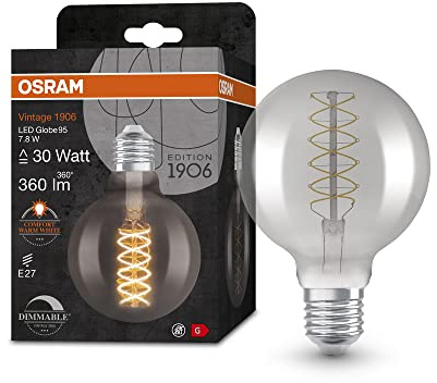 OSRAM Vintage 1906 röktonad LED-lampa, 7,8W, 360lm, klotform med 95 mm diameter & E27 bas, varmvitt ljus, spiralglödtråd, dimbar, livslängd på upp till 15 000 timmar