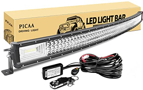 PICAA Barra luminosa a LED, 52 pollici, 130 cm, 675 W, 7D, barra luminosa a LED a tripla fila curva spot flood luci per moto fuoristrada 4WD SUV ATV UTV camion 12 V con cavo stroboscopico