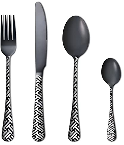 Cutlery Set, 16-Piece Glossy Black Unique Pattern Design for Gift, Stainless Steel Flatware Set, Silverware Set with Spoon Knife and Fork Set, Service for 4, Dishwasher Safe