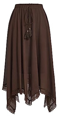 Verdusa Women's Y2k Goth Skirts Western Boho Lace Trim Asymmetrical Country Flowy Long Skirt Chocolate Brown S