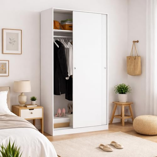 Dmora Guardaroba 2 Ante Kilimangiaro 50x204h cm Bianco Bianco Lucido Appendiabiti un Ripiano, Armadio Camera da Letto 2 Ante