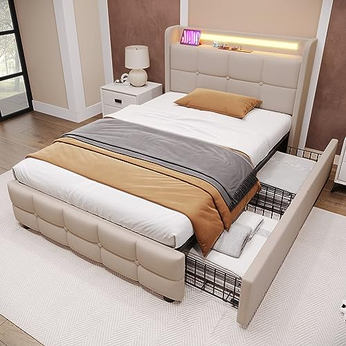 Oyemige Polsterbett 90x200, Einzelbett mit 2 Schubladen, LED Kopfteil mit USB Ladefunktion, Rückenlehne Bett mit Stauraum und Lattenrost, Stauraumbett, MetallBettgestell, ohne Matratze, Leinen Beige