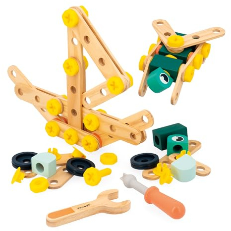 Janod - Mon Premier Jeu de Construction - Baril 100 Pièces - 98 Accessoires + 2 Outils - Imitation - Développe Dextérité & Créativité - 3 Ans + - J06454
