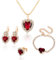 AORHOFJ 4 Stück Herz-Kristall-Schmuck-Set Strass-Anhänger Halskette Armband Ohrringe Ring-Set Damen-Mädchen-Braut-Schmuck-Set (rot)