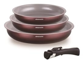 Arthur Martin - Set de 3 poêles 20-24-28 cm + 1 poignée - Aluminium - revêtementcéramique - poignée amovible - Tous feux dont induction