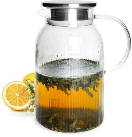 Sendez Glaskaraff 1,5 l med rostfritt stål filter och relief vattenkaraff glaskanna
