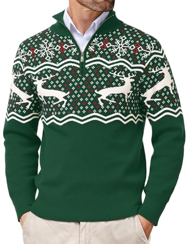 Wayleb Maglioni di Natale Uomo Invernali, 1/4 Mezzia Zip Sweater Maglione Uomo Natalizio Maglioncino Longsleeve Casual Maglioncini Natalizi con Renne e Fiocchi di Neve, Verde 3XL