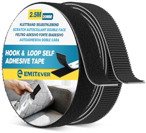 Emitever Hook and Loop Tape Heavy Duty, Multipurpose Strong Self Adhesive Double Sided Strip Sticky Back Mounting Tape, Black (20mm x 2.5m)