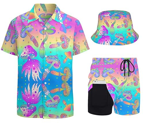 FJQWKLF Completo da Uomo in Stile retrò Anni '80 e '90, Composto da 3 Pezzi, Tuta Hawaiana, Camicie, Pantaloncini da Spiaggia e Cappello da Pescatore.