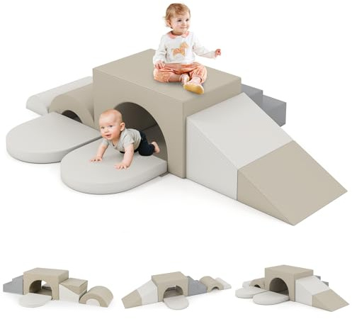 Olakids Toddler Climbing Toys Indoor, 8 Pieces Baby Foam Blocks Soft Play Set with PU Leather, Kids Climb Crawling Activity Gym Playground for 1+ Years (Gray)