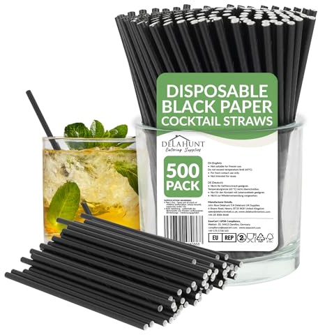 5.7-Inch (14.5cm) Black Paper Cocktail Straws [500 Pack] - Disposable Compostable Eco-Friendly Drinking Straws for Cocktails, Short Drinks, Party & Bar Service | 3-Ply FSC-Certified, PFAS & BPA-Free