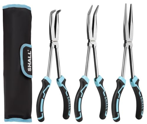 SHALL 3 PCS Long Needle Nose Pliers Set, 11 Long Nose Plier, 90° & 45° Bent Nose Pliers, Roll Up Storage Pouch Included, Two-Color TPR Handle, for Car Repair/House Work