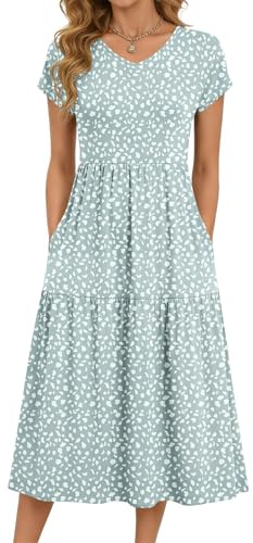PLOKNRD MOLERANI Robe Été Femme Taille Haute Col V Manches Courtes Poches | Robe mi-longue fluide trapèze, infroissable, ample et chic. Polyvalente, décontractée, idéale au quotidien, travail, vacances