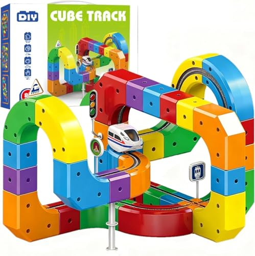 Yangers 81 piezas clickrail Tren eléctrico Tren Magic Rail Cube, Pista de carreras de coches 3D integrados Bloques de construcción magnéticos STEM Juguete de fusión Regalo para niños niños niñas niñas