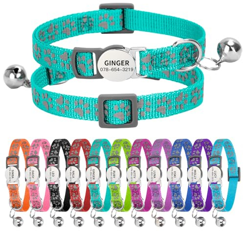Personalised Reflective Cat Collar with Name Tag,Quick Release Kitten Collars with Bell Safety Buckle, Adjustable Nylon Cat Collar for Cats Kittens UK Prime (19–30 cm, Dark Green Paw)
