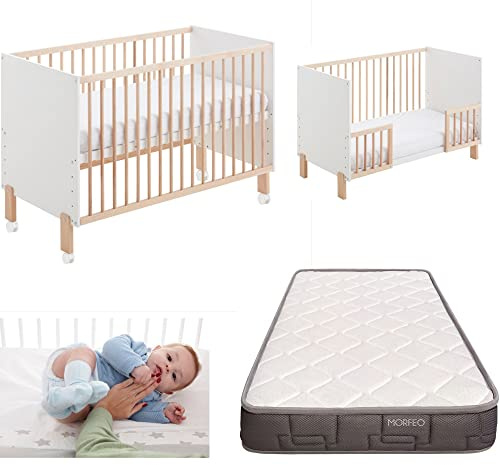Cuna colecho Convertible en Cama Umami. Incluye colchon Morfeo, Kit colecho, barandillas de Seguridad y 4 Ruedas CoolDreams