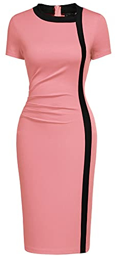 Viwenni Women Vintage Ruffle Business Colorblock Patchwork Church Pencil Dress S Pink