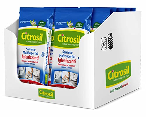 Citrosil Home Protection - Salviette Multisuperfici Igienizzanti, Rimuovono Sporco, Germi e Batteri, con Vere Essenze di Tea Tree, 40 Panni x 12 Confezioni