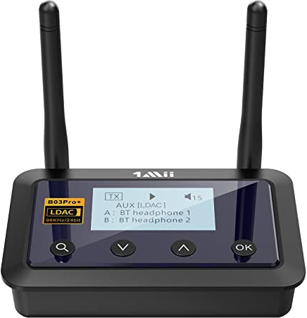 1Mii B03Pro+ LDAC Bluetooth 5.3 Sender Empfänger für TV, AptX Low Latency & HD kabelloser Audio Adapter Transmitter mit Bildschirm für Kopfhörer Stereoanlage, Optical RCA AUX 3,5, Großer Reichweite