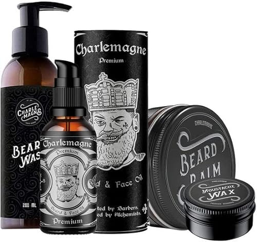 Charlemagne Bartpflege Set mit Bartöl, Bartshampoo, Bartbalsam & Moustache Wax – Barber Pflegeset Geschenk für Männer - Bart Set - Beard Growth Kit - Bartwachstum