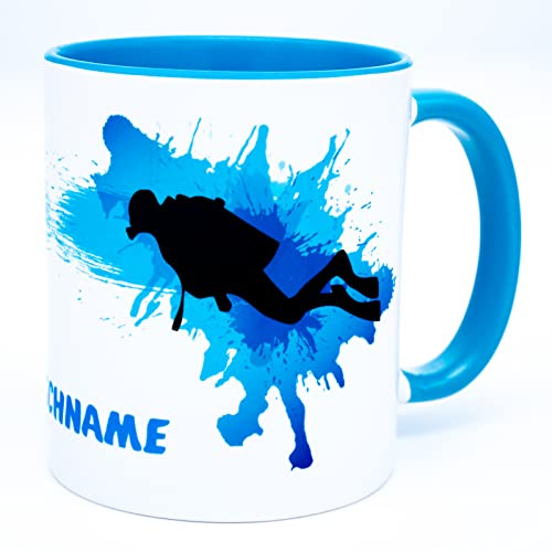 Taucher Tasse mit Namen personalisiert Diving Becher Tauchen Geschenke Tauch Trainer Geschenkideen Erwachsene Kinder Männer Frauen Geburtstag Deko Zubehör Ausrüstung Artikel Gadgets Keramik 330 ml