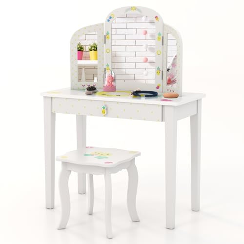 COSTWAY Barn 2 i 1 sminkbordsset, toalettbord med trippelvikbar spegel och låda, prinsessa kosmetisk bord med sminkpall, sminkbord, barnbord för barn, flickor (ananas)