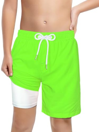 LUCOWEE Boys Swim Trunks Compression Lined Anti Chafe Swimming Shorts Bathing Lakewear Sandless Stretchy Functional Drawstring Light Weight Quick Dry UPF 50+ Fluorescent Green Size Large