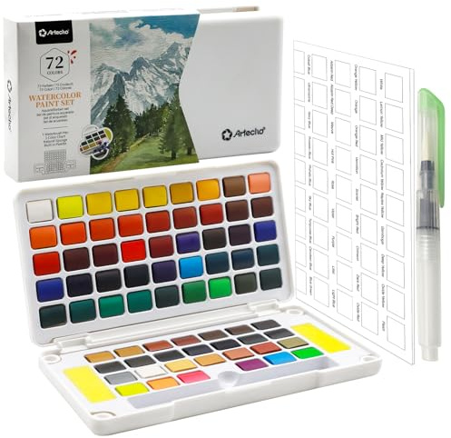 Artecho Set di colori ad acquerello, 72 colori, in scatola portatile, con pennello per serbatoio dell'acqua, acquerello per viaggi, acquerelli per artisti e pittori hobby