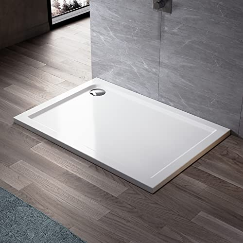 ELEGANT 1000 x 800 x 40 mm White Stone Shower Tray + Waste Trap for Bathroom Shower Enclosure Shower Door Wetroom Durable Shower Cubicle Base - Rectangular