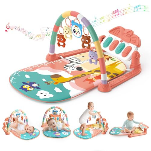 KalaDuck Gimnasio Bebé Montessori 0-6 Meses, Manta Juegos Bebe con Musical de Piano Ajustable y Sonajero, Tapete de Actividades para Caminar, Juguetes Alfombra Sensorial Bebé 6-12 Meses (Rosa)