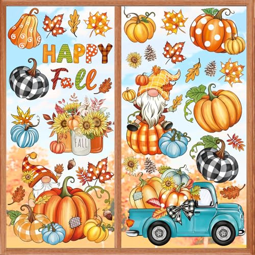 wondever Window Clings Decals Fall Pumpkin Gnome Thanksgiving Glass Sticker | Autumn Vinyl Static Cling, Anti Collision, Double-Sided, Reusable Removable, Easy to Apply, for Window Glass Door Home