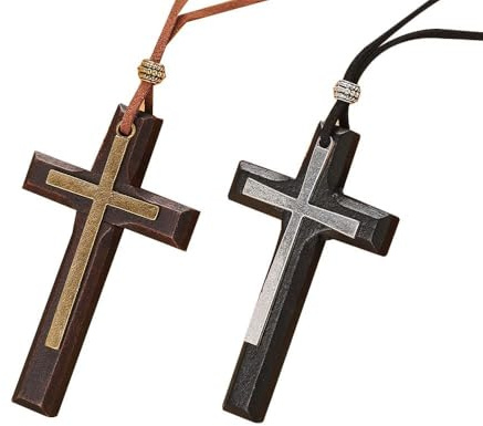 XFSRG 2 Pièces Collier Croix en Bois Vintage pour Homme et Femme Bijou Chrétien Élégant Pendentif Classique Adapté à Toutes les Occasions