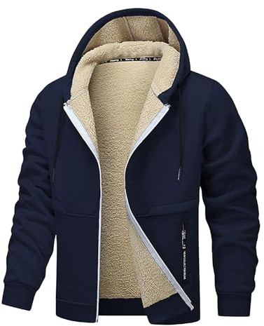 XCXC Herren Fleecejacke mit Kapuze und Reißverschluss Männer Einfarbige Gefütterte Winterjacke Kapuzenjacke mit Kordelzug Taschen Sweatjacke Freizeitjacke für Alltag
