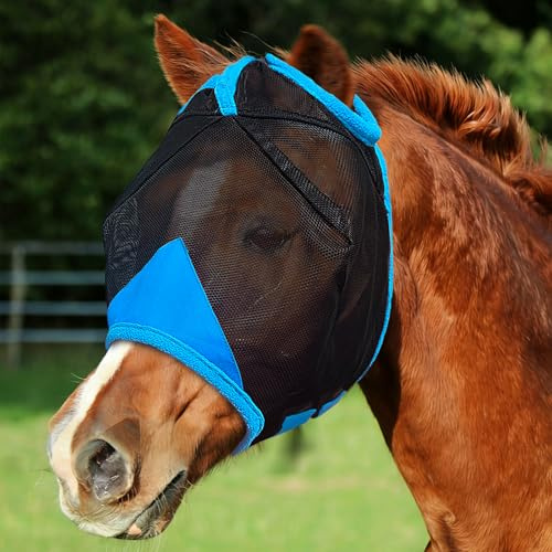 Hilltown Fly Masks for Horses Without Ears - Breathable Mesh, Large Eye Space, UV-Block, Built to Last, Comfort Fit - Horse Fly Mask for Grazing, Hot Weather Riding & Daily Use - Cob, Blue