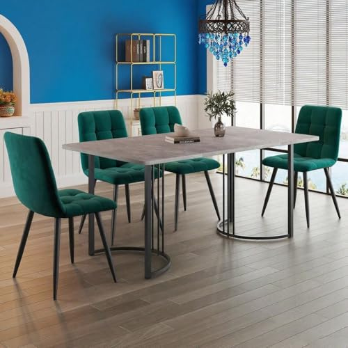 Gruppo da pranzo (5-tlg), gruppo da pranzo con 4 sedie, cucina moderna, gruppo cucina 140 * 80cm con gambe in metallo nero, parte superiore del in MDF in grigio, sedie da pranzo verde scuro (Grigio)