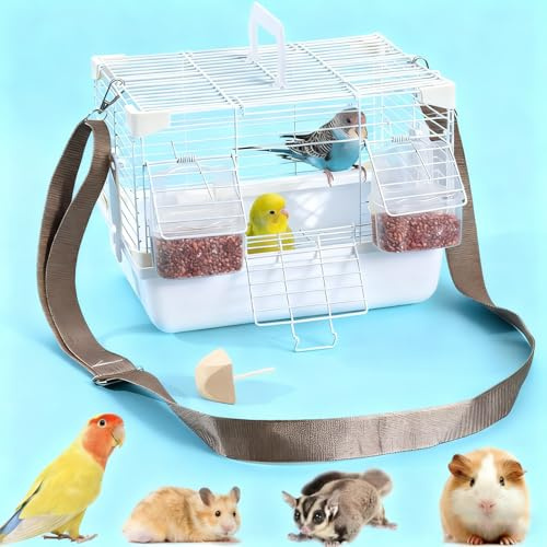 bangminda Jaula de Transporte para Pájaros con Barra de Pie y Caja de Comida Mochila para Pájaros Jaula de Viaje con Correa para Loros Periquitos Contenedor de Transporte Transpirable, Blanco