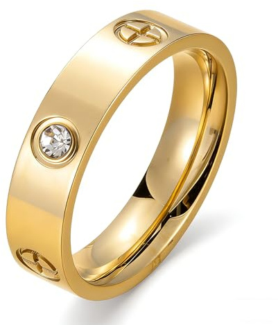 Yoowish Cross & Cubic Zirconia Ring for Women Men, 18K Gold Plated Stainless Steel Non Tarnish Band Rings, Hypoallergenic Wedding Promise Rings for Birthday Anniversaries Christmas (Gold, Size UK T)