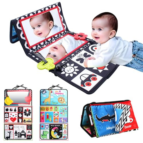 KINDLUME Specchio Neonato, Libro Sensoriale Neonati, Giocattolo in Tessuto, Carte Contrasto Neonato con 6 Facce e Specchio Sicuro, Pieghevole 2 in 1 per Tummy Time, per Neonati 0-12 Mesi