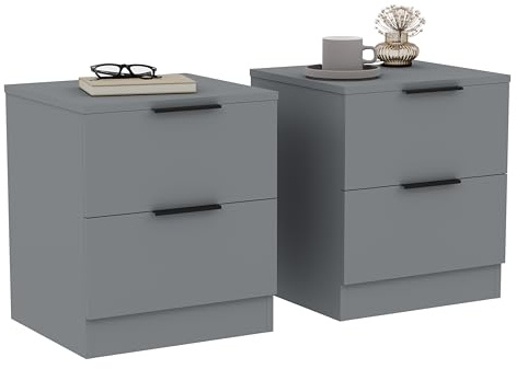 Vida Designs Trega 2 Drawer Bedside Cabinets Set of 2 Grey - Compact Space-Saving Nightstands - 41H x 39W x 28D cm - Engineered Wood - Glide Drawers, Black Handles - Ideal for Bedroom & Guest Room