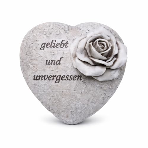 Logbuch-Verlag Decorazione tomba a forma di cuore con rosa e scritta amato e indimenticabile, grigio anticato, pietra commemorativa 11 x 8 x 10 cm, per cimitero o decorazione di lutto