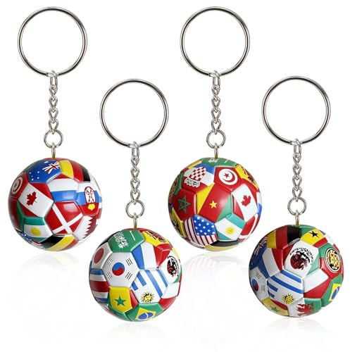 Wsndyjia 4Pcs National Flags Football Keyring, 2026 Soccer Gifts & Accessories for Men Sports Souvenir Merchandise, Football Keychain for Friends, Family, Partners and Footballs Fans