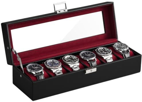 ProCase 6 Slots Watch Case Box for Men -Winered | PU Leather Man Watch Organizer, Soft Pillow, Lockable Glass Display Lid, Storage Holder for Watch Collection