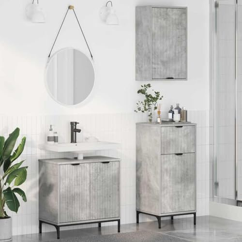 Traylux badrumsmöbler set med hylla av trämaterial betonggrå modern design med gott om lagringsutrymme för badrum, inklusive tvättställ, högskåp och vägghylla, enkel montering