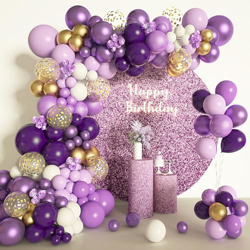 Amandir 150Pcs Purple Balloons Garland Arch Kit, Light Pastel Purple Gold White Confetti Latex Metallic Balloons for Women Birthday Baby Shower Wedding Party Decorations Supplies