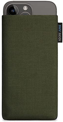 Adore June Classic Oliv-Grün Tasche kompatibel mit iPhone 14-15 Plus/iPhone 14-15 Pro Max Handytasche aus widerstandsfähigem Cordura Stoff mit Display Reinigungs-Effekt, Made in Europe