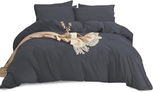 Yorkshire Bedding Duvet Cover Sets Soft Breathable Brushed Microfibre Plain Double Duvet Cover with Pillow cases Button Closure Quilt Cover Bed Set Charcoal Dark Grey