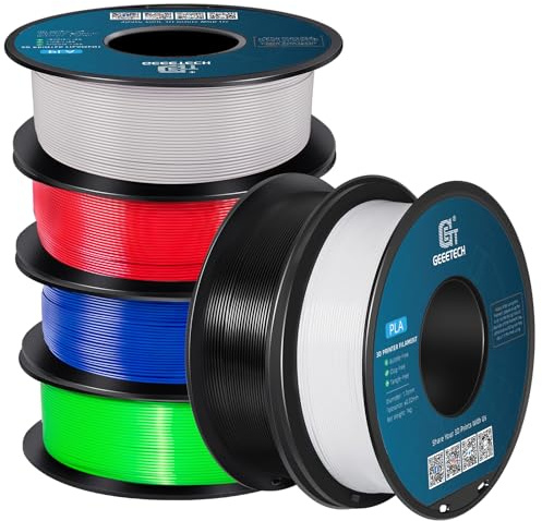 GEEETECH Lot de 6 rouleaux de filament PLA 1,75 mm pour imprimante 3D, noir, blanc, gris, rouge, vert, bleu