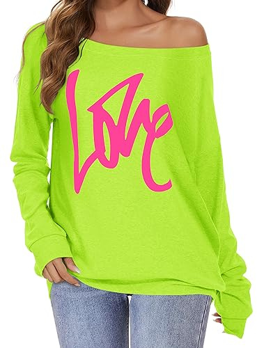 florynova Womens Off The Shoulder Sweatshirts Long Sleeve Tops Pullover Sweater Casual Loose Blouse Fall Fashion (A Lime Green, XL)