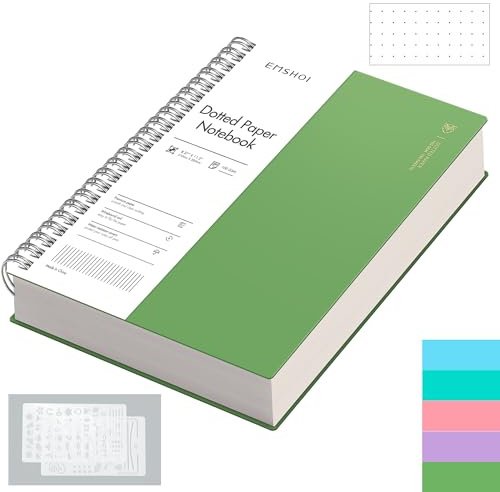 EMSHOI A4 Notebook, Spiral Dotted Journal, 300 Pages, PVC Cover, Green | 100GSM Paper, Flexible Plastic Cover, Notepad with Journaling Stencils, Pocket, Pen Loop, Bookmark Ruler, 21.5 x 27.9cm