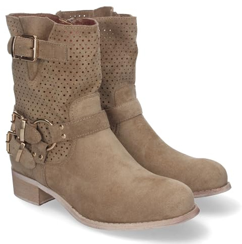 82462-Botines de Mujer con Tacon Bajo y Adornos de Hebillas, Estilo Casual, Cana Calada, Cremallera Lateral, Punta Redonda, Toda Ocasion. Talla 38 Kaki